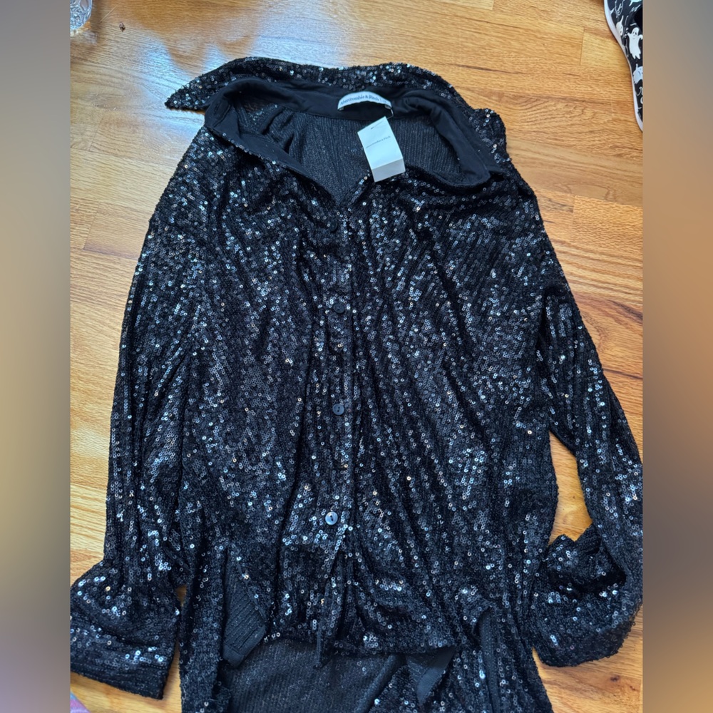 Abercrombie button up sequin black blouse